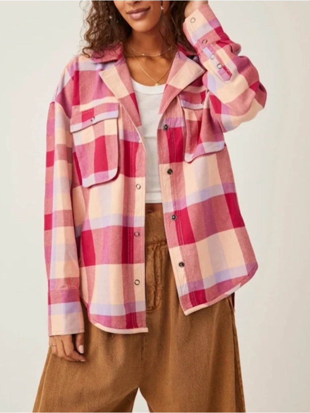 Free People We The Free Pink Plaid Izzy Cargo Shacket